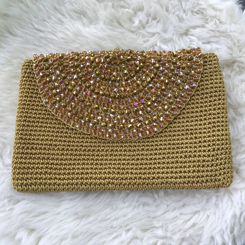 Lovely Gold Beaded Raffia Woven Clutch Handbag Clutch